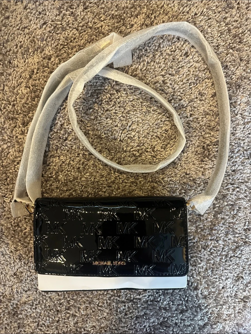 Michael Kors Black Patent MK Logo Crossbody with White Trim